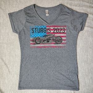 Sturgis T-Shirt Womens Gray V-Neck Patriotic Jewel Embellished 2023 Rally XL